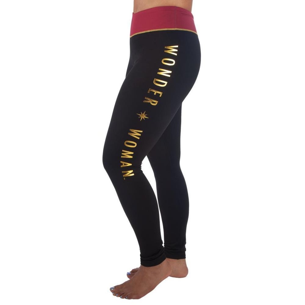Bioworld Wonder Woman Black Leggings with Red Waistband and Gold Print